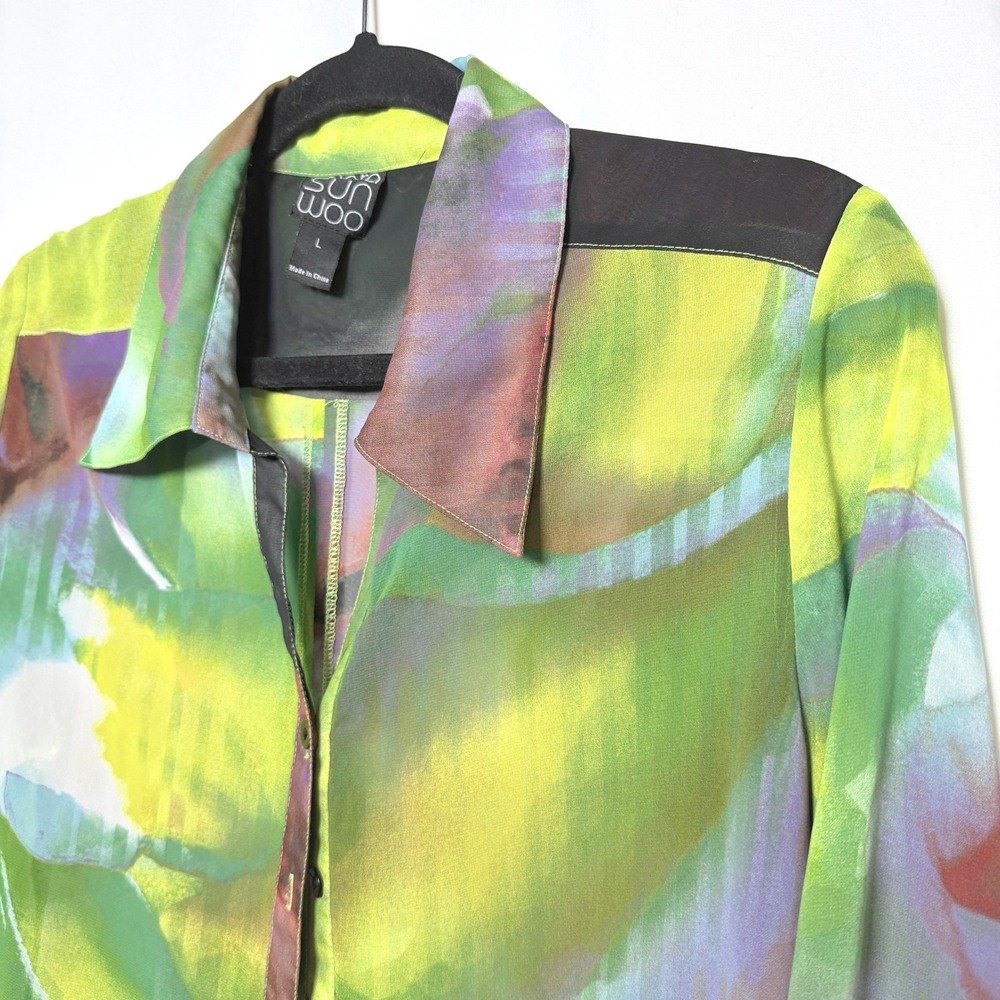 Clara Sunwoo Abstract Watercolor Button Front Blouse Green Multi Large